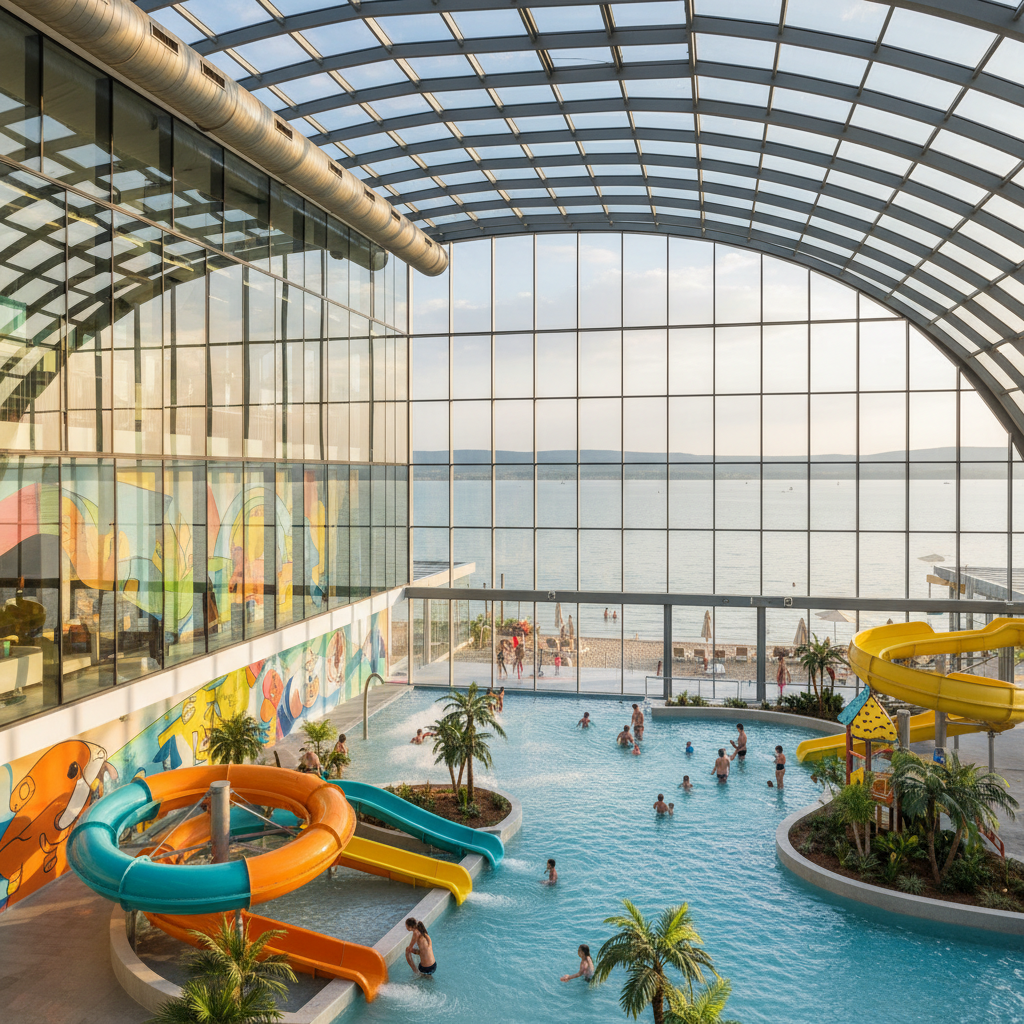 פארק מים מקורה בעיצוב צבעוני לילדים במלון Mövenpick Balaland על שפת אגם בלטון