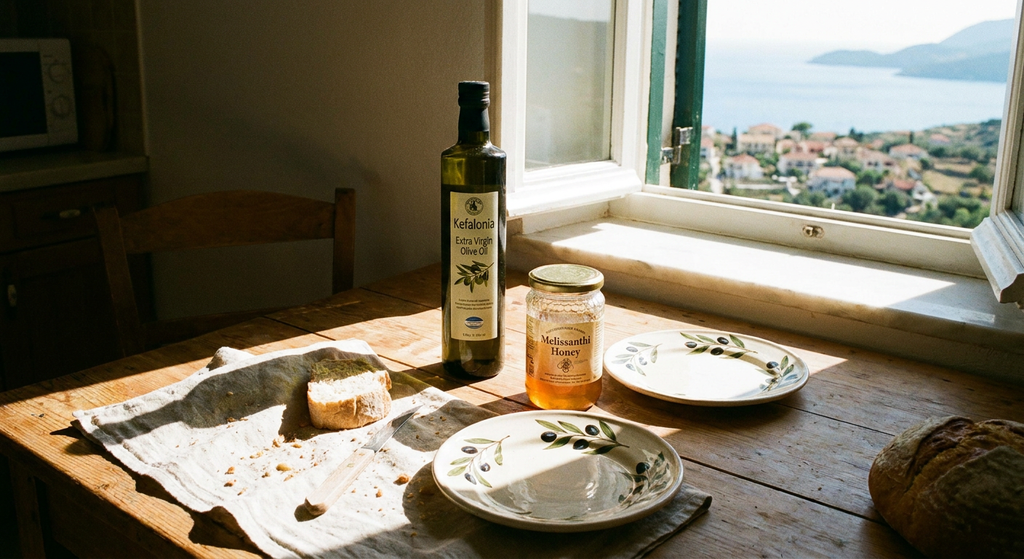 מוצרים מקומיים מקפלוניה על שולחן עץ
