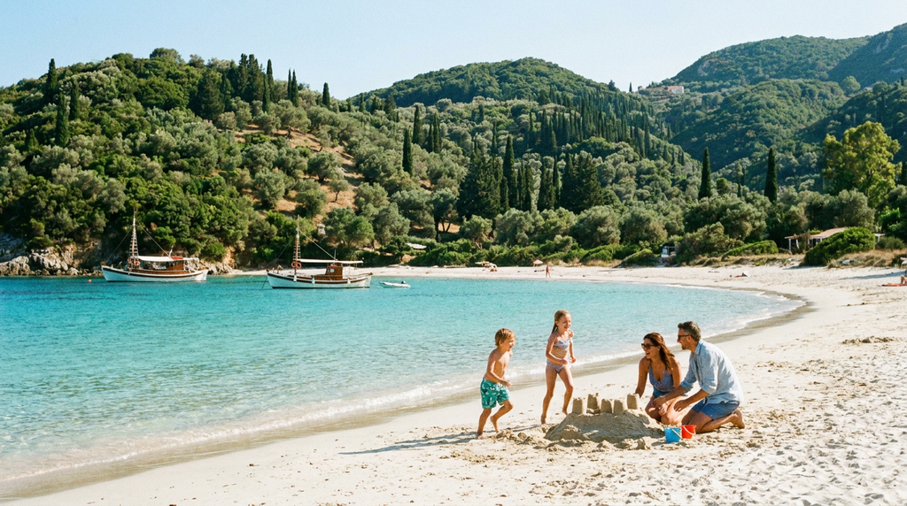 חוף ים טורקיז בקורפו עם צמחייה ירוקה
