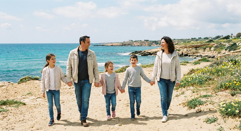 משפחה מטיילת עם תרמילים על רקע נוף הררי ירוק באביב