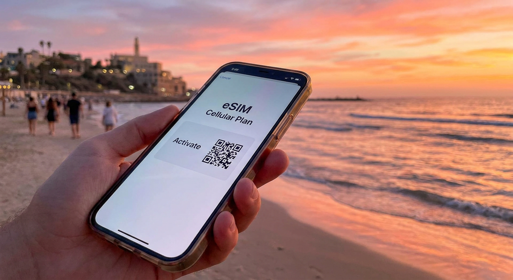 סמארטפון עם הפעלת eSIM על רקע תל אביב