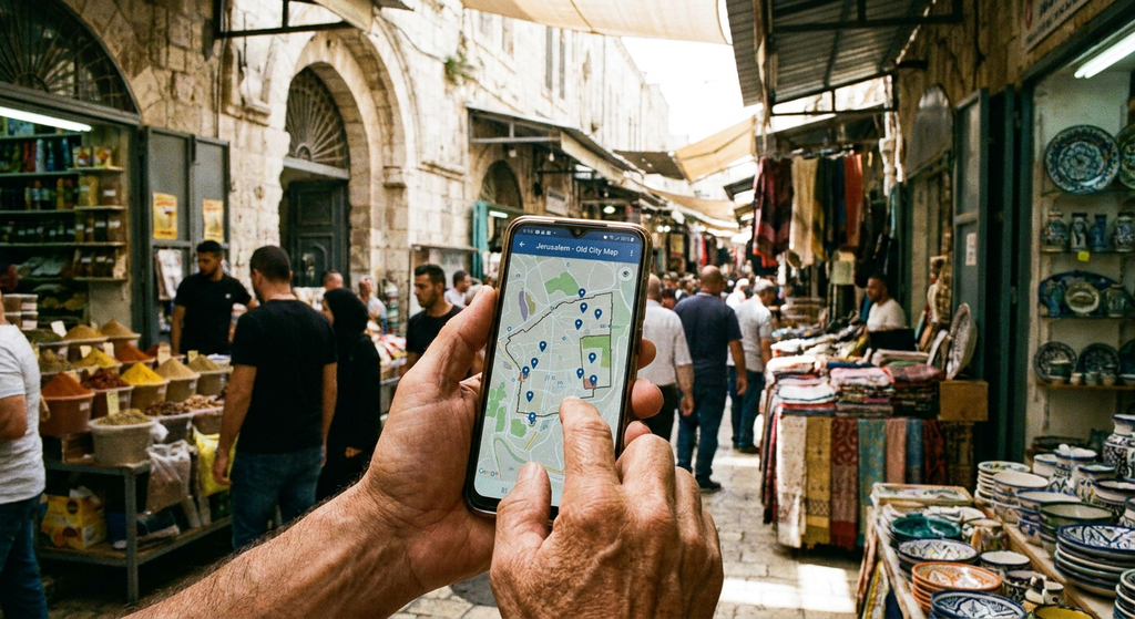 תייר משתמש בטלפון בירושלים