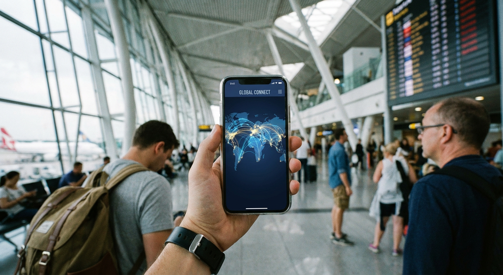 סמארטפון המציג את לוגו חברת eSIM Fly על רקע נוף עירוני בחו"ל