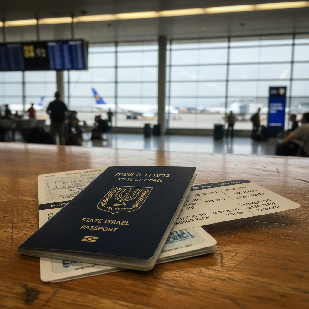 דרכון ישראלי עם חותמות כניסה על רקע דלפק ביקורת גבולות