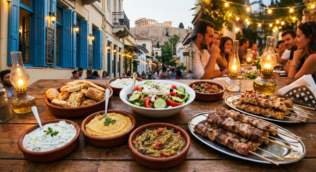 שולחנות ערוכים במסעדה בסמטאות הציוריות של רובע הפלאקה